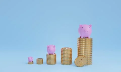 3D render image of coin stacks with piggy bank, saving or investment Stock Illustration