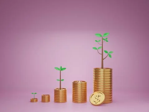 3D render image of coin stacks with trees, concept of saving or investment Stock Illustration