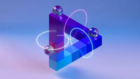 3d render of an impossible object made of cubes, floating with neon lights and 스톡 일러스트