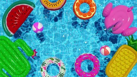 3d render Inflatable circles ball mattress floating in the pool in summer top Stock Illustration