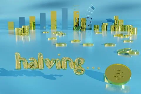 3d render of inflated letters spelling out halving with bar graph and gold .. Stock Illustration