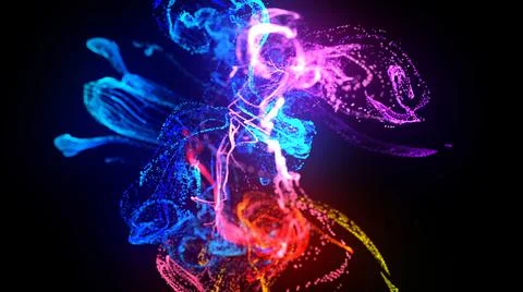 3d render. Injection of fluorescent ink in water isolated on black background Stock Illustration