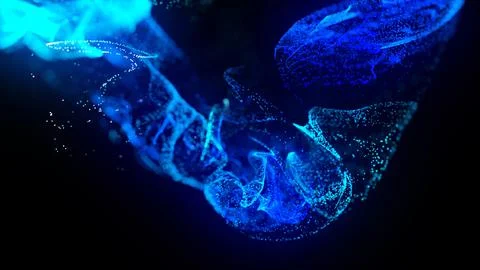 3d render. Injection of fluorescent ink in water isolated on black background Stock Illustration