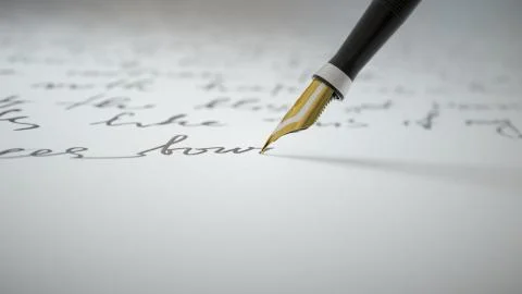 3d render Ink pen writes verse on paper close up Stock Illustration