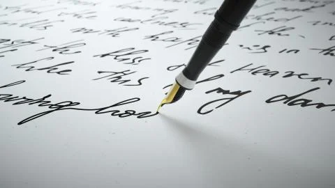 3d render Ink pen writes verse on paper close up Stock Illustration