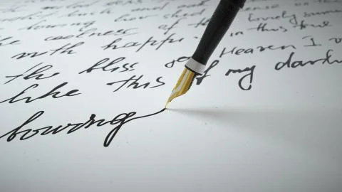 3d render Ink pen writes verse on paper close up Stock Illustration