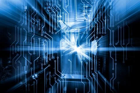 3D render inside the supercomputer, the concept of computing, the motherboard Stock Illustration