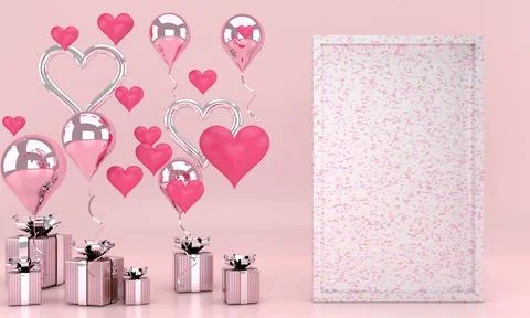 3d render interior with balloons, mock up poster frame, gift box in the roo.. Stock Photos
