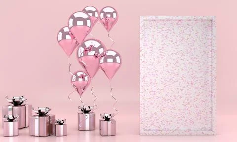 3d render interior with balloons, mock up poster frame, gift box in the roo.. Stock Photos
