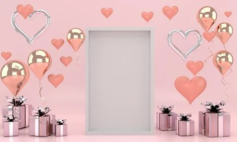 3d render interior with balloons, mock up poster frame, gift box in the roo.. Stock Photos