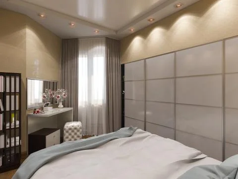 3D render of interior design of a bedroom in beige color Stock Illustration