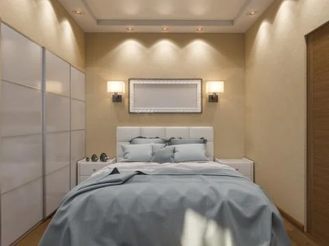 3D render of interior design of a bedroom in beige color Stock Illustration