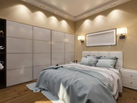 3D render of interior design of a bedroom in beige color Stock Illustration