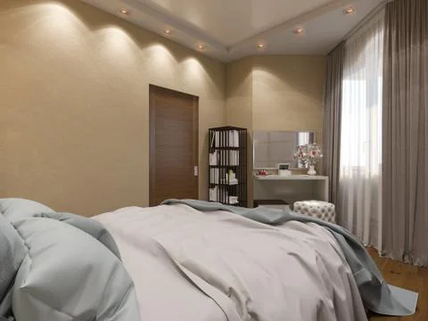 3D render of interior design of a bedroom in beige color Stock Illustration