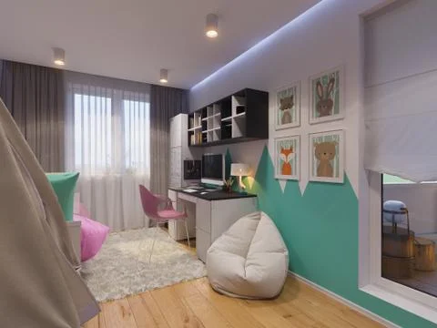 3d render of interior design children's room Stock Illustration