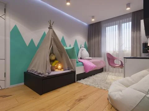3d render of interior design children's room Stock Illustration