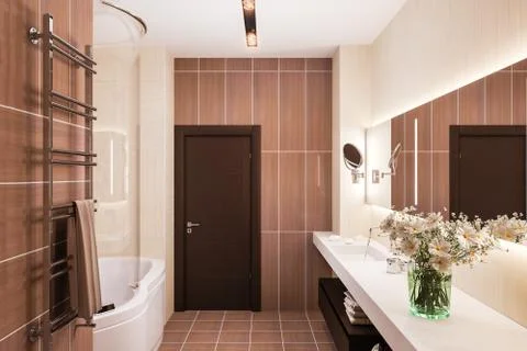 3d render interior design of a modern bathroom with a large mirror Stock Illustration