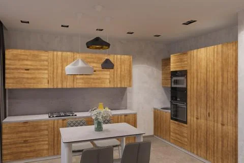 3d render Interior design in Scandinavian style kitchen Stock Illustration