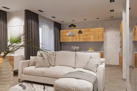 3d render Interior design in Scandinavian style, living room and kitchen Stock Illustration