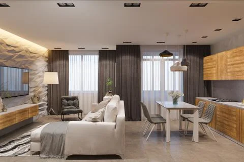 3d render Interior design in Scandinavian style, living room and kitchen Stock Illustration