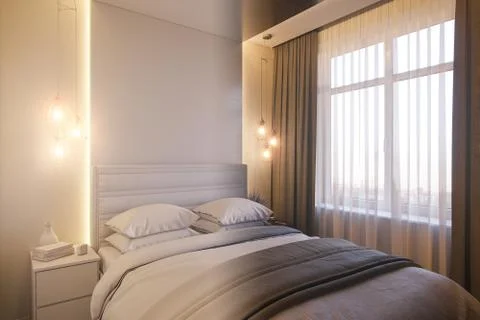 3d render of an interior design of a white minimalist bedroom Stock Illustration