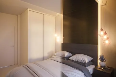 3d render of an interior design of a white minimalist bedroom Stock Illustration