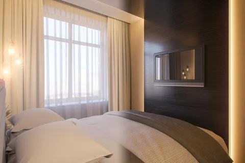 3d render of an interior design of a white minimalist bedroom Stock Illustration