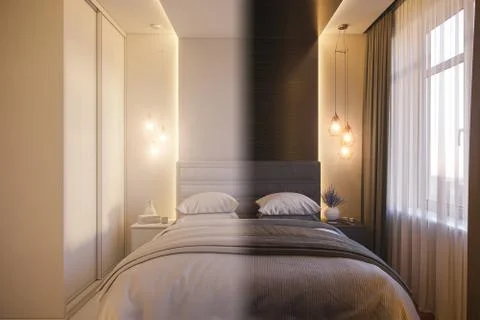 3d render of an interior design of a white minimalist bedroom Stockillustratie