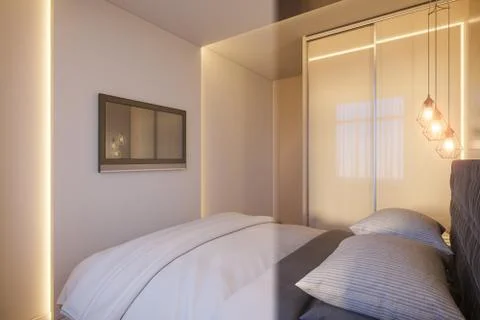3d render of an interior design of a white minimalist bedroom Stock Illustration