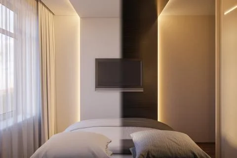 3d render of an interior design of a white minimalist bedroom Stock Illustration