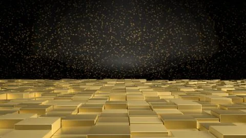 3d render of interior with golden cubes on floor and black wall with golden Stock Illustration