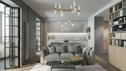 3D render the interior of the kitchen and living room  in a modern style Stock Footage 106279725