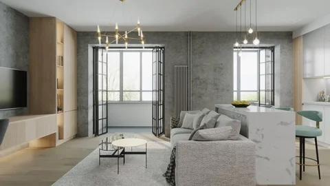 3D render the interior of the kitchen and living room  in a modern style Stock Footage 106343849