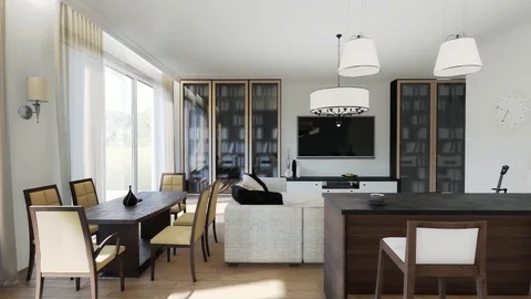 3D render the interior of the kitchen and living room  in a modern style Stock Footage 106433214