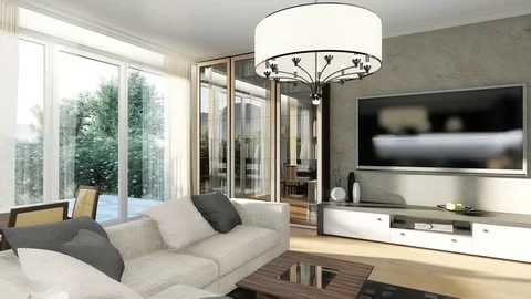 3D render the interior of the kitchen and living room  in a modern style Stock Footage 106556631