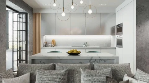 3D render the interior of the kitchen and living room  in a modern style Stock Footage 106669101