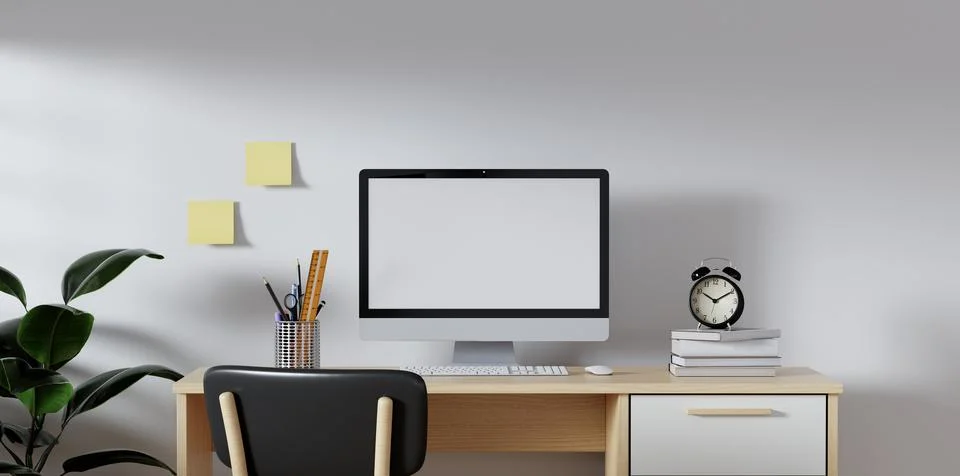 3D render of interior modern living room workspace with desk and desktop Stock Illustration