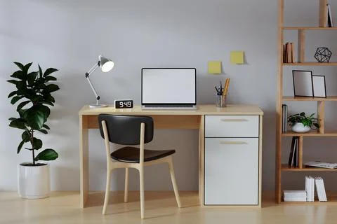 3D render of interior modern living room workspace with desk and desktop Stock Illustration