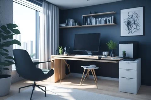 3D render of interior modern living room workspace with desk and desktop co.. Stock Photos