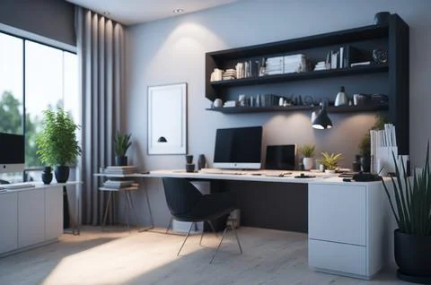 3D render of interior modern living room workspace with desk and desktop co.. Stock Photos