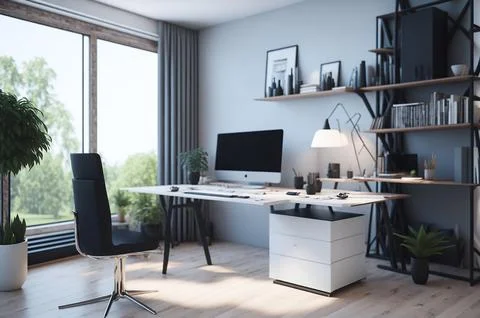 3D render of interior modern living room workspace with desk and desktop co.. Stock Photos