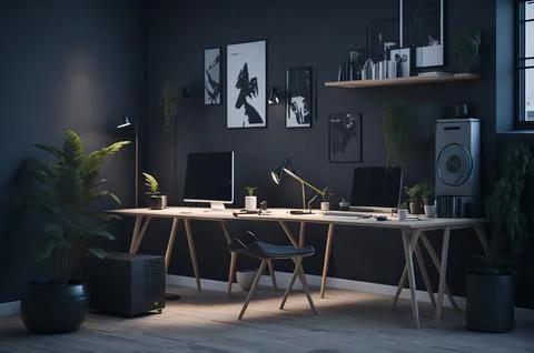 3D render of interior modern living room workspace with desk and desktop co.. Stock Photos