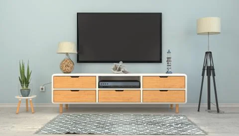 3d render - Interior of a Scandinavian living room with sideboard Stock Illustration