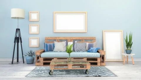 3d render - Interior of a Scandinavian living room with a pallet couch Stock Illustration