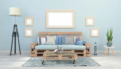 3d render - Interior of a Scandinavian living room with a pallet couch Stock Illustration