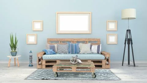 3d render - Interior of a Scandinavian living room with a pallet couch Stock Illustration