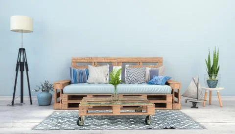 3d render - Interior of a Scandinavian living room with a pallet couch Stock Illustration
