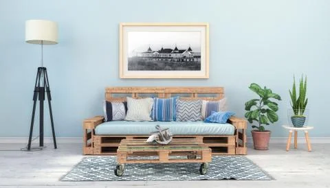 3d render - Interior of a Scandinavian living room with a pallet couch Stock Illustration
