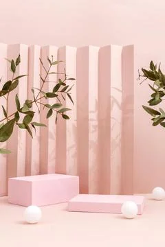 3d render interior shot of pink walls, trees inside a glass vase  and pink Stock Illustration