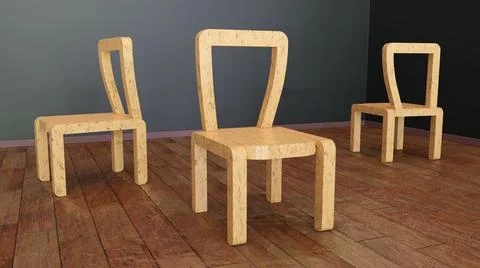 3d render of an interior with three chairs arranged on a wooden floor Illustrazione stock